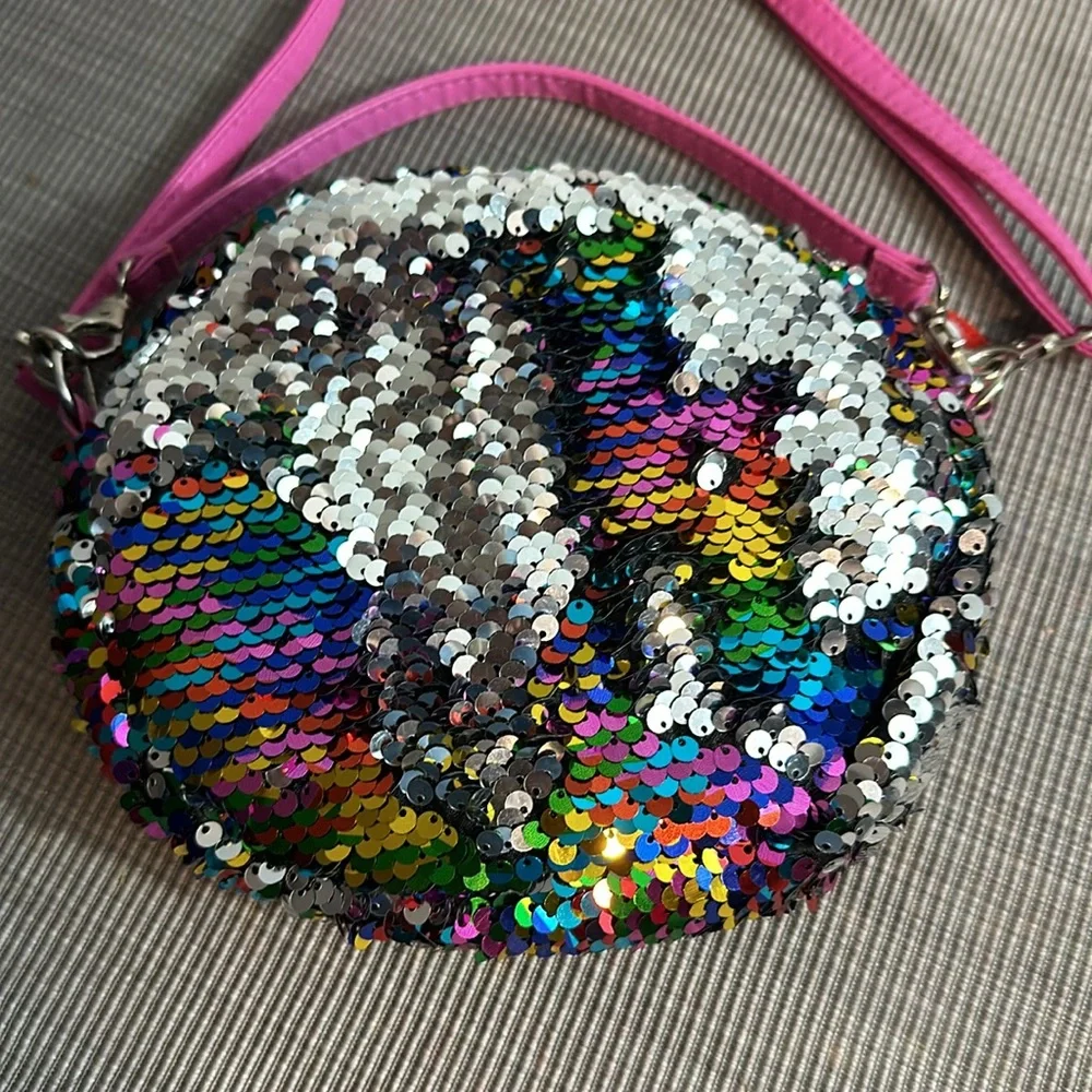 💚5 TY Fashion Flip Sequin Cat Purse Silver/Rainbow/Pink Strap- Zipper Beanie